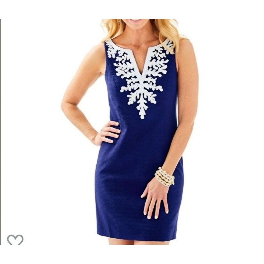 Lilly Pulitzer Gabby Shift Dress Navy Blue Beaded Coral Embroidery 30394 Size 4